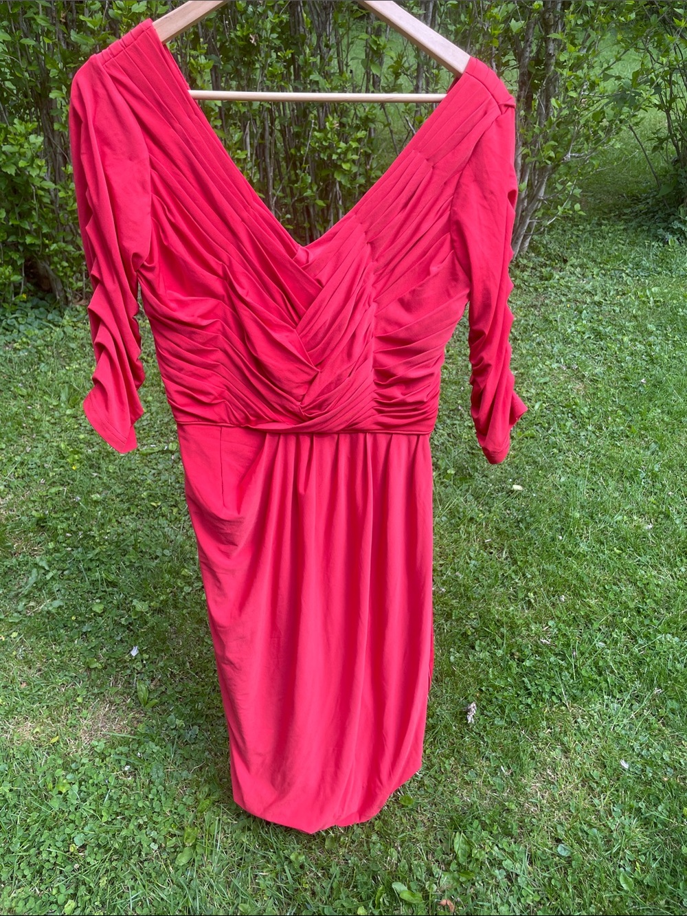 J. Peterman Red Draped V-Neck Long Sleeve Dress
